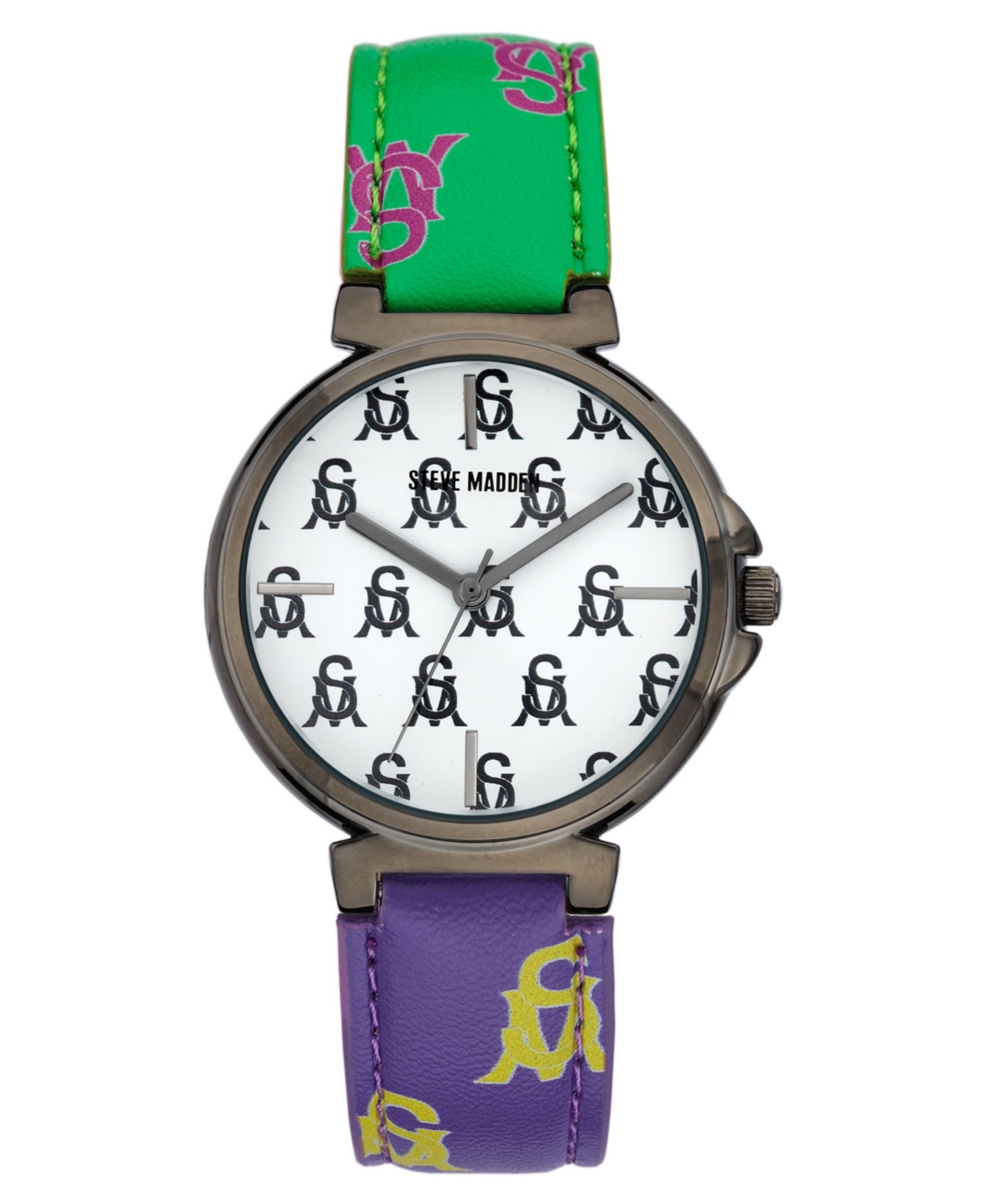 Women's Multi Colored- Green, Purple, Pink, Yellow Polyurethane Leather with Steve Madden Logo and Stitching Watch, 36mm - Green, Purple,
