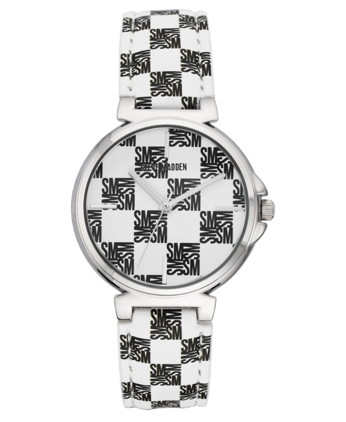 Women's Dual Colored Black and White Polyurethane Leather Strap with Steve Madden Logo in Checkered Pattern and Stitching Watch, 36mm - W