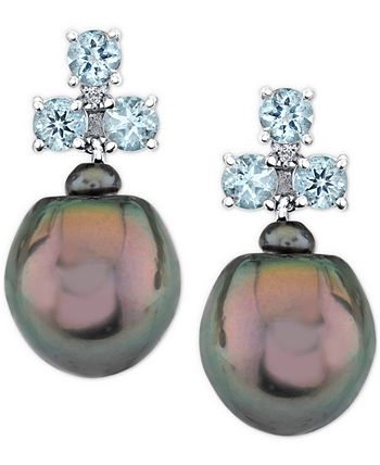 Macy's - Cultured Tahitian Pearl (12mm), Aquamarine (1-1/2 ct. t.w.) & Diamond Accent Drop Earrings in 14k White Gold