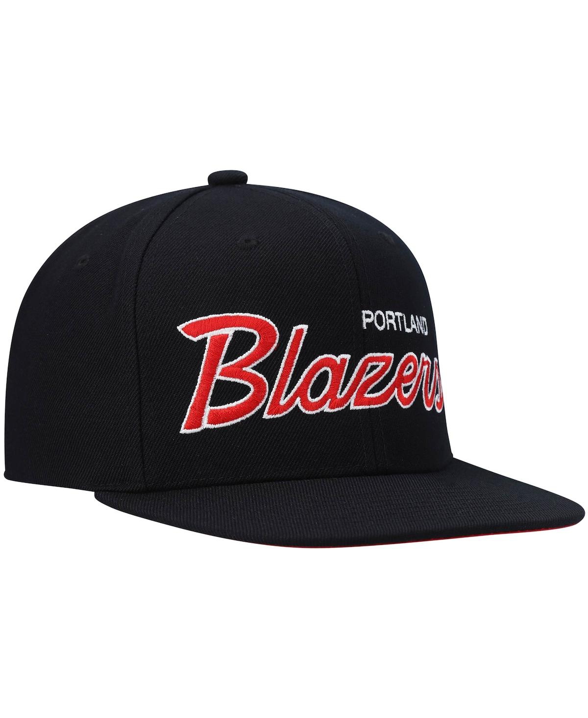Mitchell & Ness Men's  Black Portland Trail Blazers Hardwood Classics Script 2.0 Snapback Hat In Black