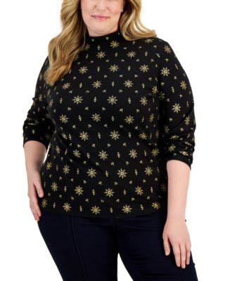 Karen Scott Women's Snowflake Tree Graphic Top Black Size 2X