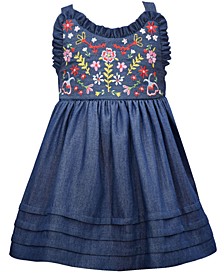 Baby Girls Sleeveless Multi Colored Embroidered Denim Dress with Matching Panty