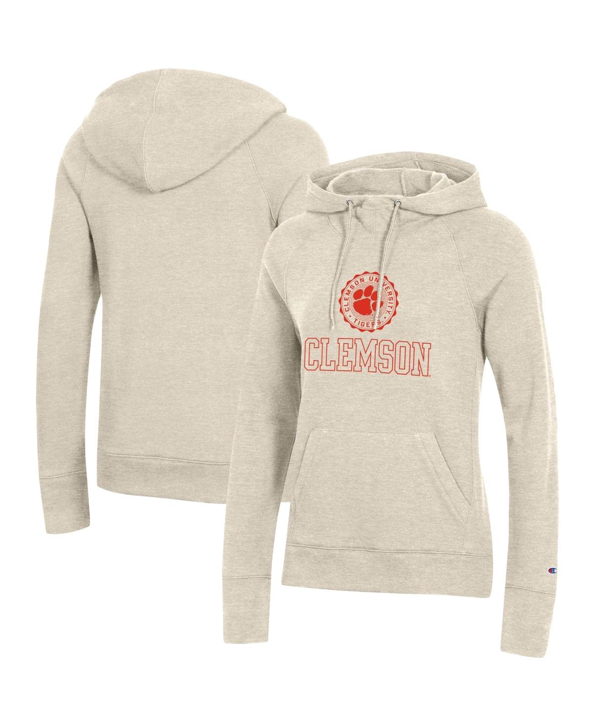 CHAMPION WOMEN'S CHAMPION HEATHERED OATMEAL CLEMSON TIGERS COLLEGE SEAL PULLOVER HOODIE