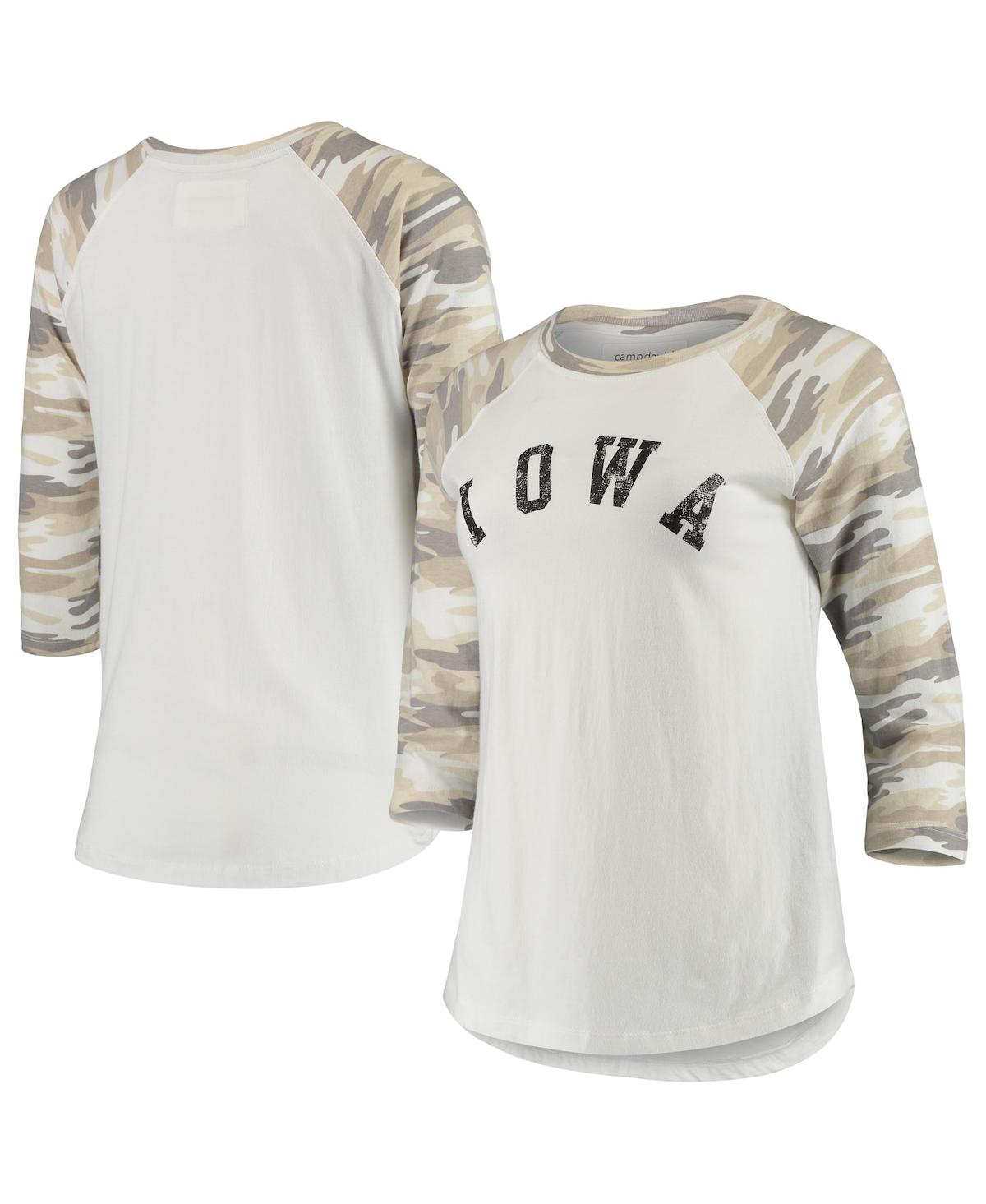 Women's White and Camo Iowa Hawkeyes Boyfriend Baseball Raglan 3/4-Sleeve T-shirt - White, Camo