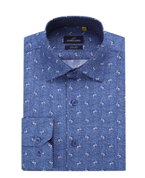 Мужская рубашка Azaro Uomo Business Geometric Long Sleeve Button Down Shirt, цвет: Тёмно-синий