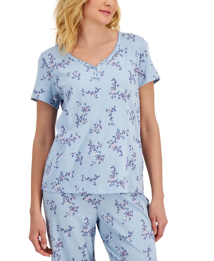 Charter Club Women's Short Sleeve Cotton Essentials Printed Pajama Set