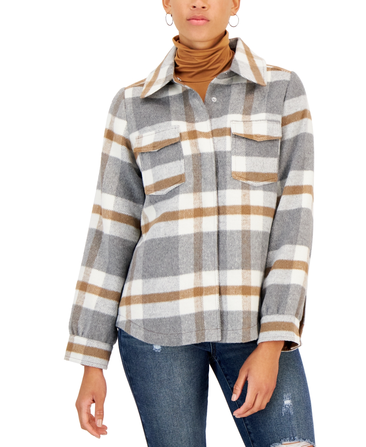Maralyn & Me Juniors' Plaid Button-Front Shirt Jacket, Created for Macy's