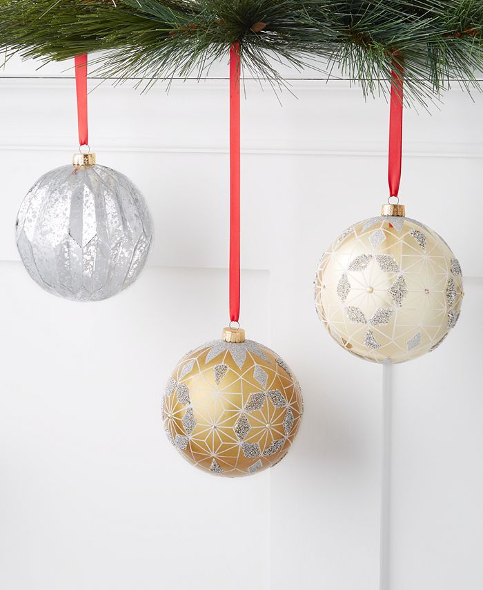 Holiday Lane Shine Bright Set of 3 GoldTone & SilverTone Decorated Ball Ornaments, Created for