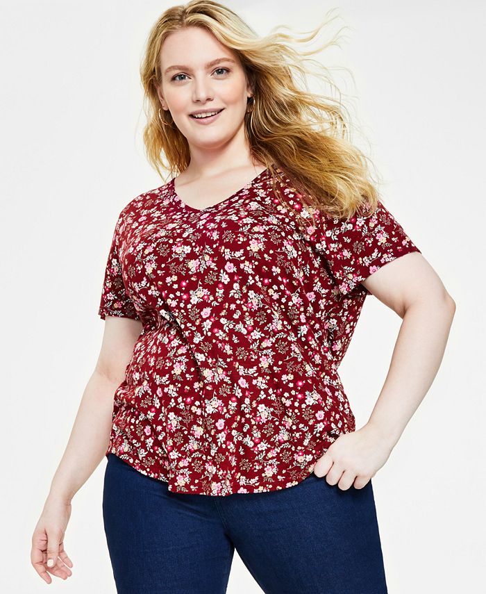 Style & Co Plus Size Printed V-Neck T-Shirt, Created for Macy's - Macy's