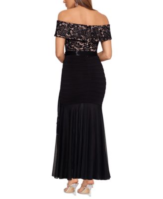 Betsy & Adam Petite Lace-Top Off-The-Shoulder Gown