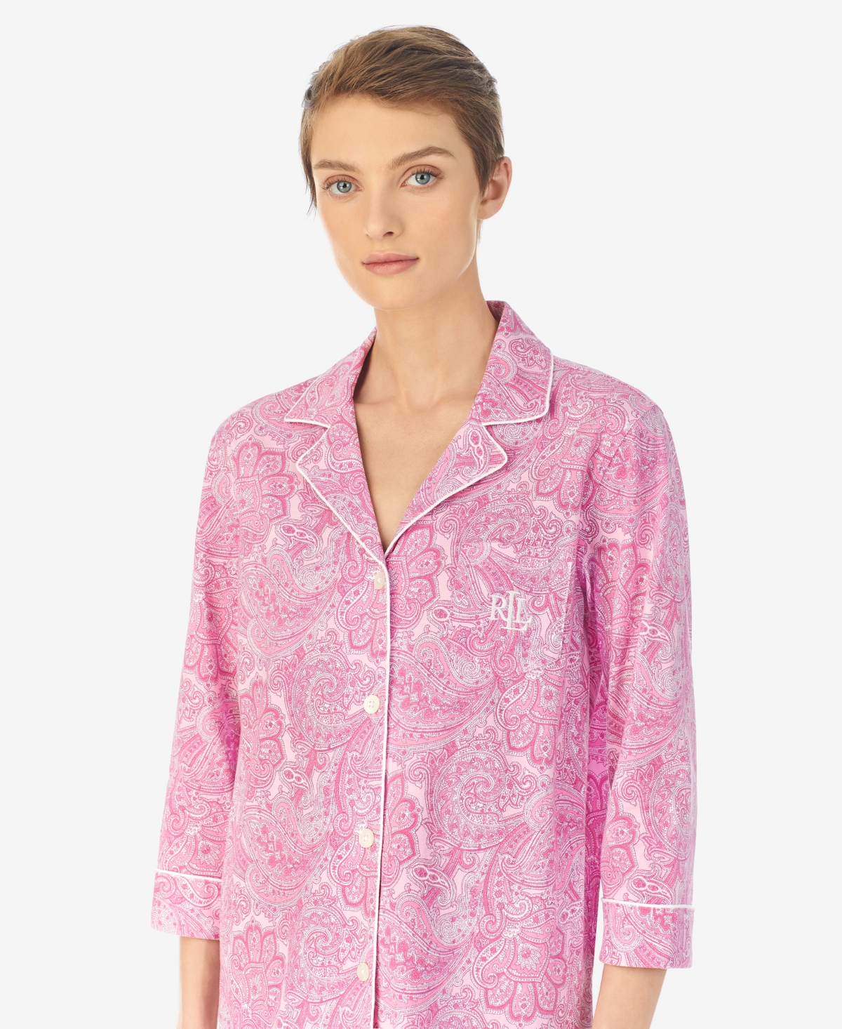 Shop Ralph Lauren Womens 3/4 Sleeve Cotton Notch Collar Capri Pant Pajama Set In 3,4 Capri Pj