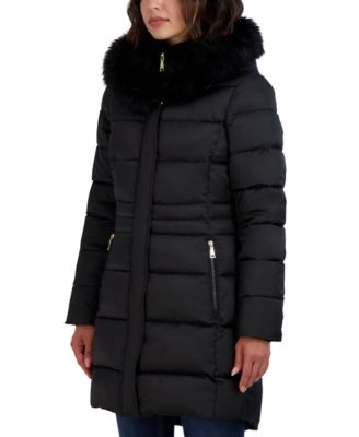 Womens Velvet Bibbed Faux-Fur Hooded Puffer Coat