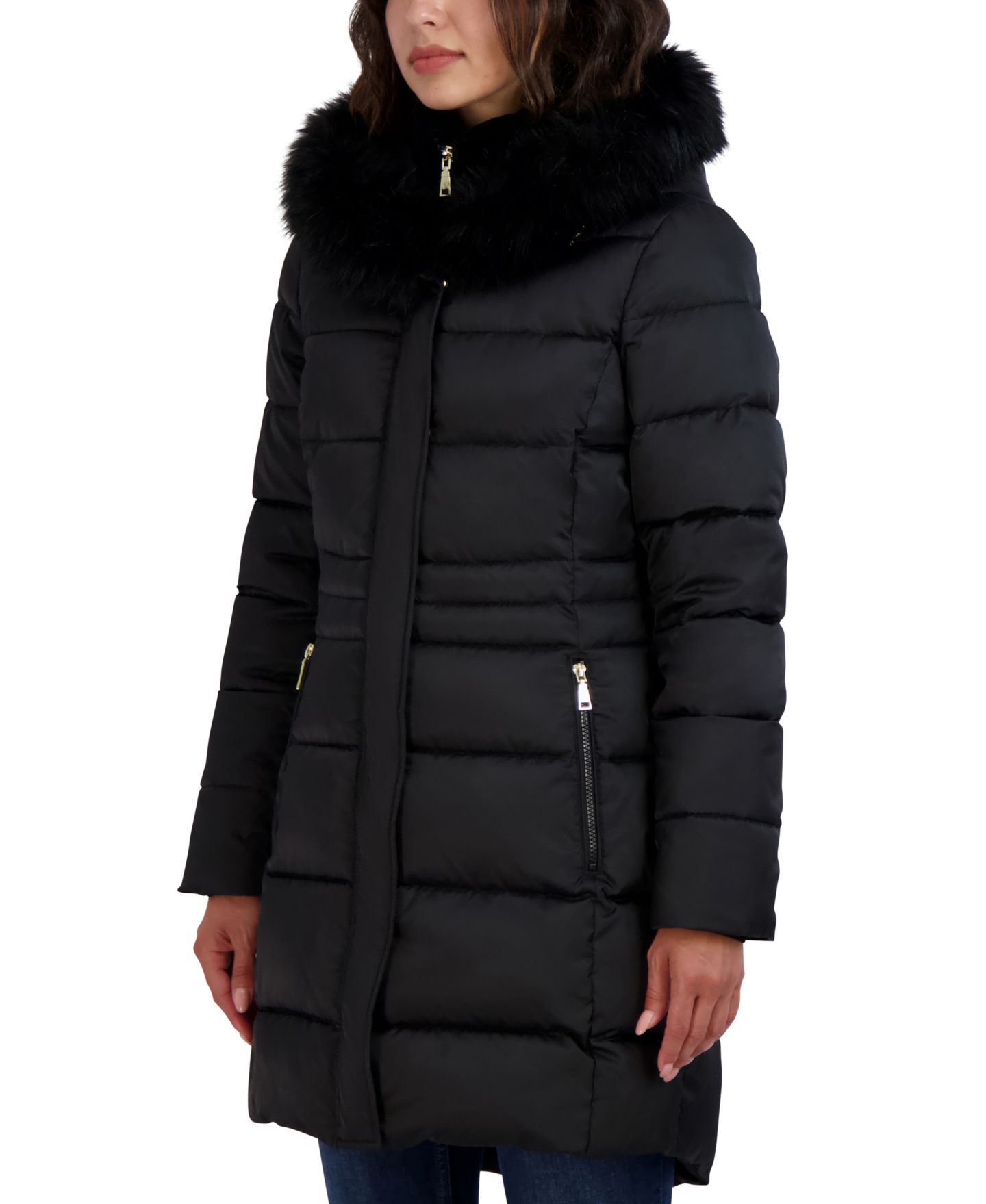 Женская куртка Tahari Velvet Bibbed Faux-Fur Hooded Puffer, цвет: Чёрный — фото 8