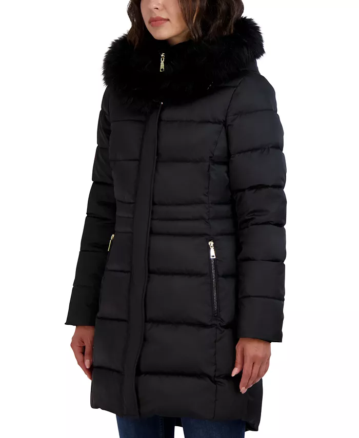 Womens Velvet Bibbed Faux-Fur Hooded Puffer Coat - thumbnail 8