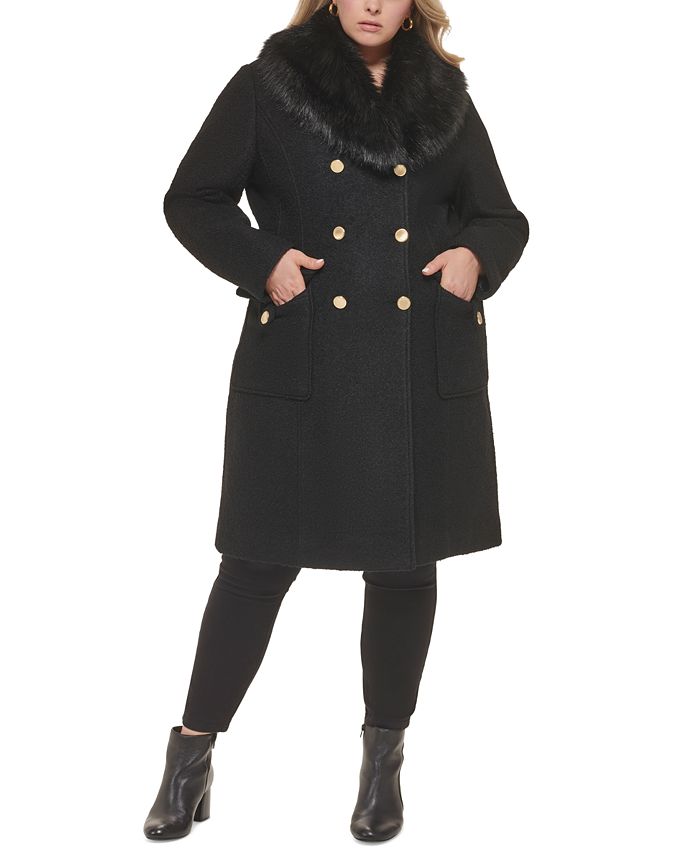 GUESS Women's Plus Size Double-Breasted Faux-Fur-Collar Coat - Macy's