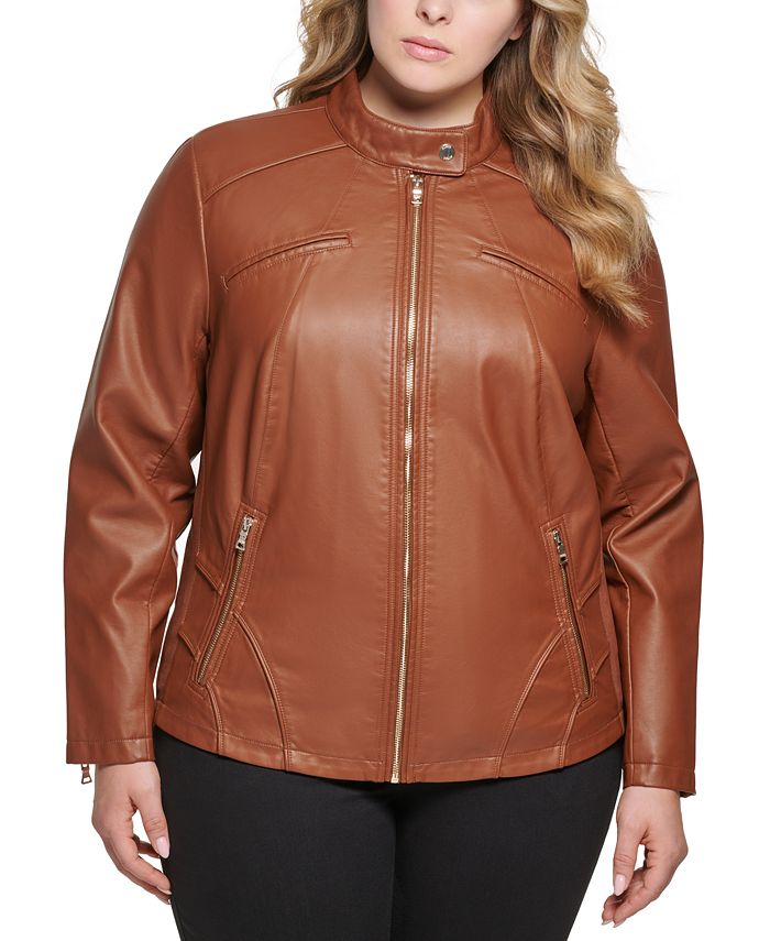 GUESS Women's Plus Size Faux-Leather Moto Jacket - Macy's