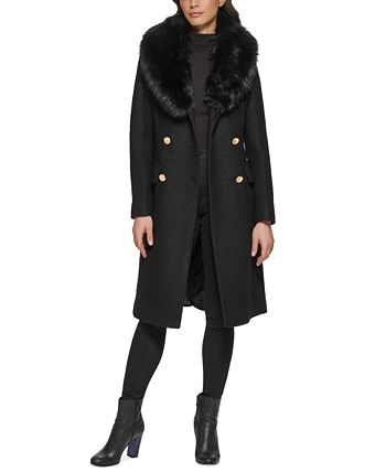 GUESS Women's Faux-Fur Collar Double-Breasted Walker Coat & Reviews ...