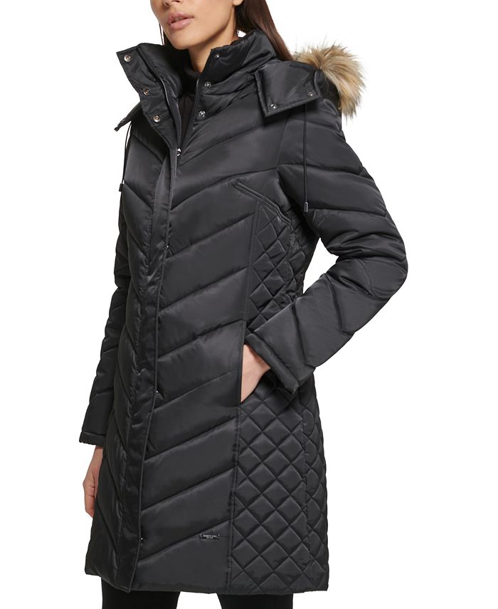 Manteau Kenneth Cole à Capuche Matelassé Avec Fausse Sherpa Et Ceinture - Taille 2X, Noir, Neuf