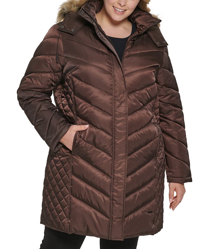 Kenneth Women's Plus Size Faux-Fur-Trim Hooded Coat, Created Macy's Macy's