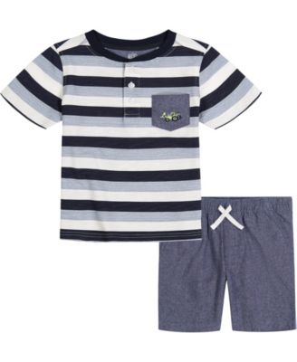 Photo 1 of size 7 Kids Headquarters Little Boys Striped Henley T-shirt and Chambray Shorts, 2 Piece Set