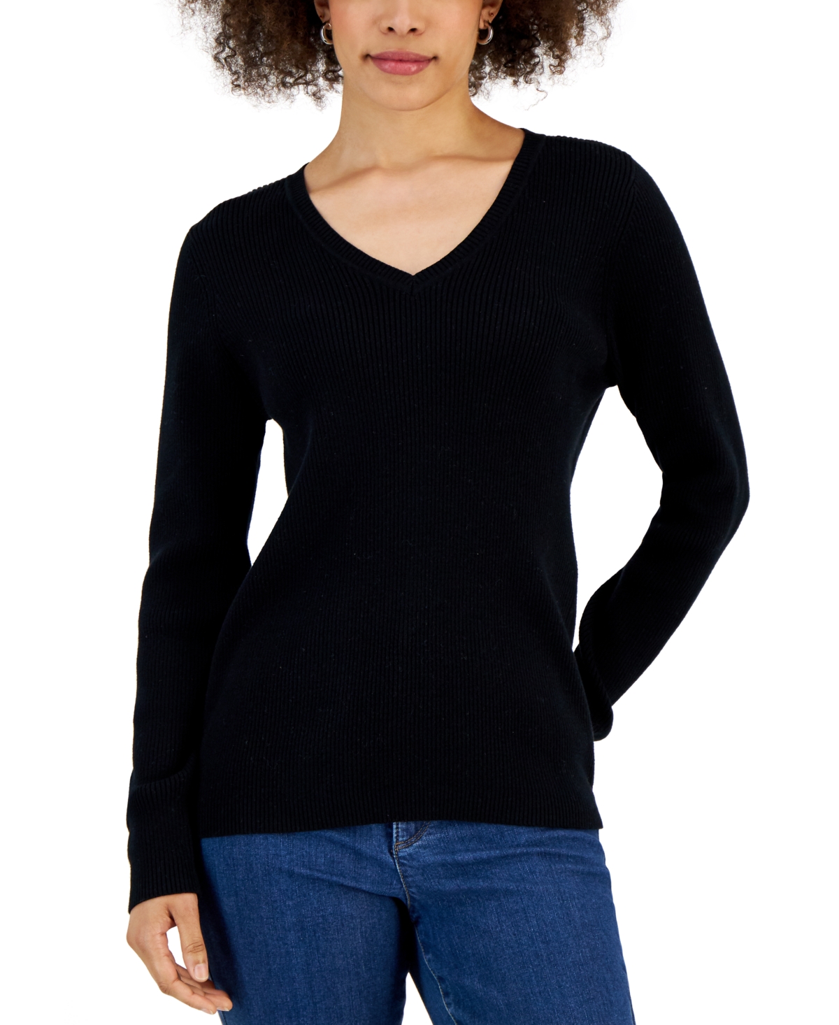 Petite Cotton V-Neck Ribbed Sweater, Created for Macy's - Deep Black