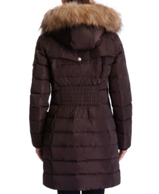 hooded down puffer jacket with a faux fur trim