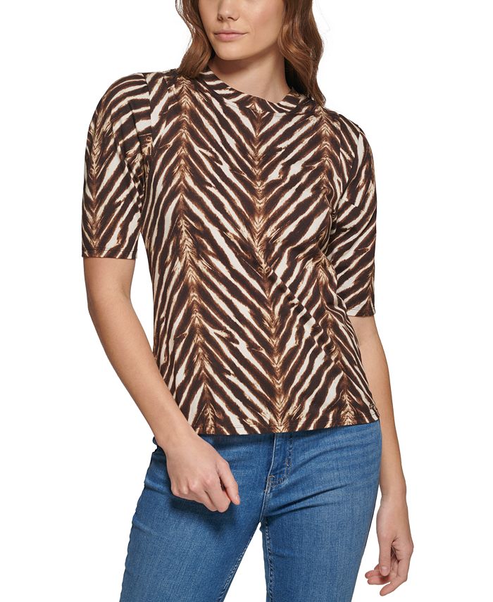 Calvin Klein Women's Printed Short Sleeve Pleat Shoulder Top Macy's