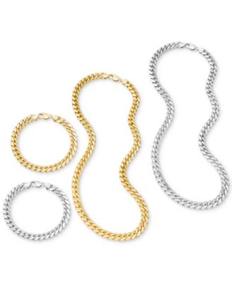 Mens Solid Cuban Link Chain Necklaces Bracelets Collection 9mm In 14k Gold Plated Sterling Silver Sterling Silver