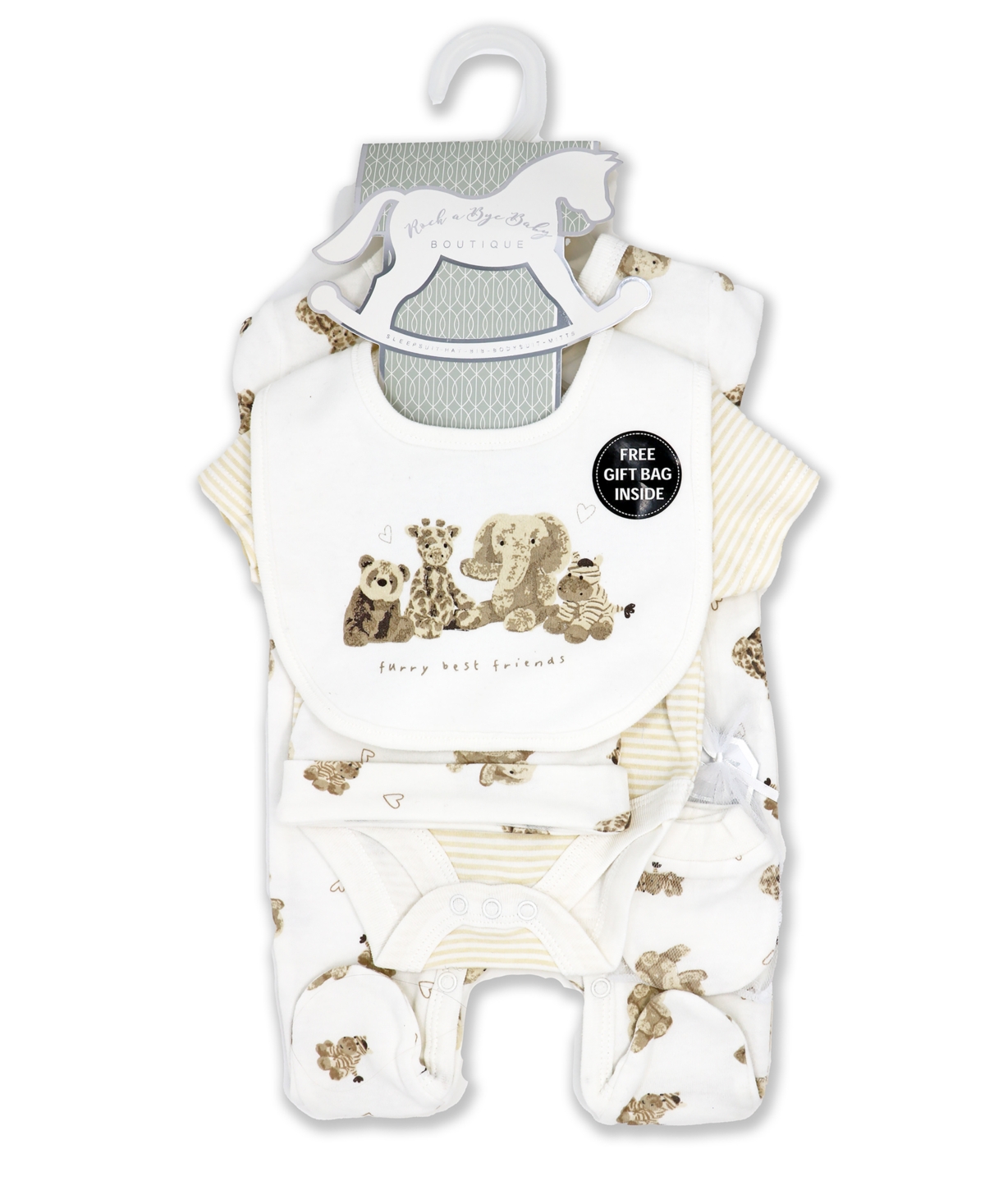 Baby Boys and Girls Furry Besties Layette Gift in Mesh Bag, 5 Piece Set - Cream and White