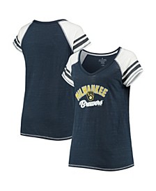 Women's Navy Milwaukee Brewers Curvy Colorblock Tri-Blend Raglan V-Neck T-shirt