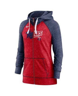 Women's Heathered Red and Heathered Navy Minnesota Twins Split Wordmark Gym Vintage-Like Raglan Slub Full-Zip Hoodie