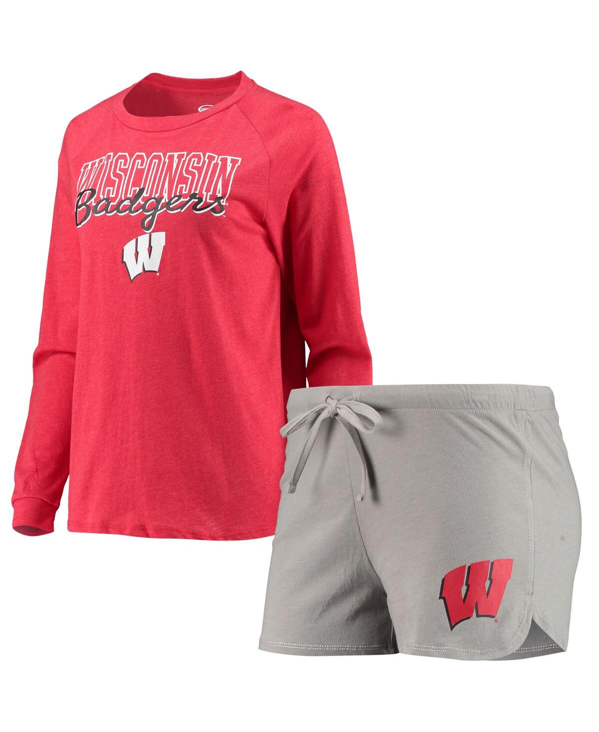 Shop Concepts Sport Women's  Heathered Red, Gray Wisconsin Badgers Raglan Long Sleeve T-shirt And Shorts S In Heathered Red,gray