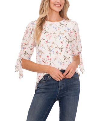 CeCe Women's Printed Tie-Sleeve Blouse 