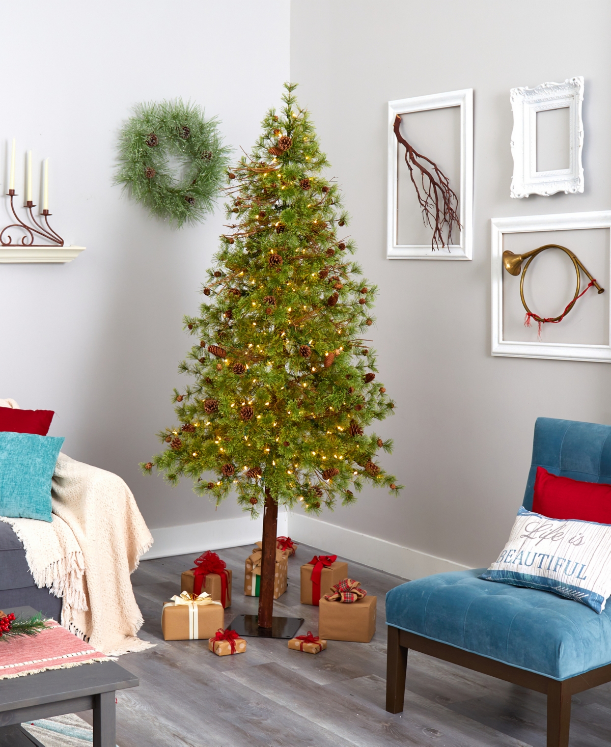 Wyoming Alpine Artificial Christmas Tree with Lights and Pinecones on Natural Trunk,