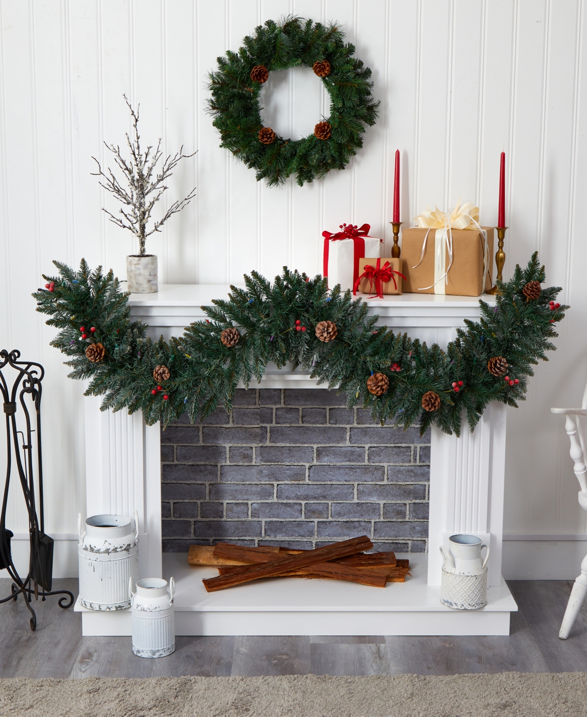 Snow Dusted Artificial Christmas Garland with Lights, Berries and Pinecones,
