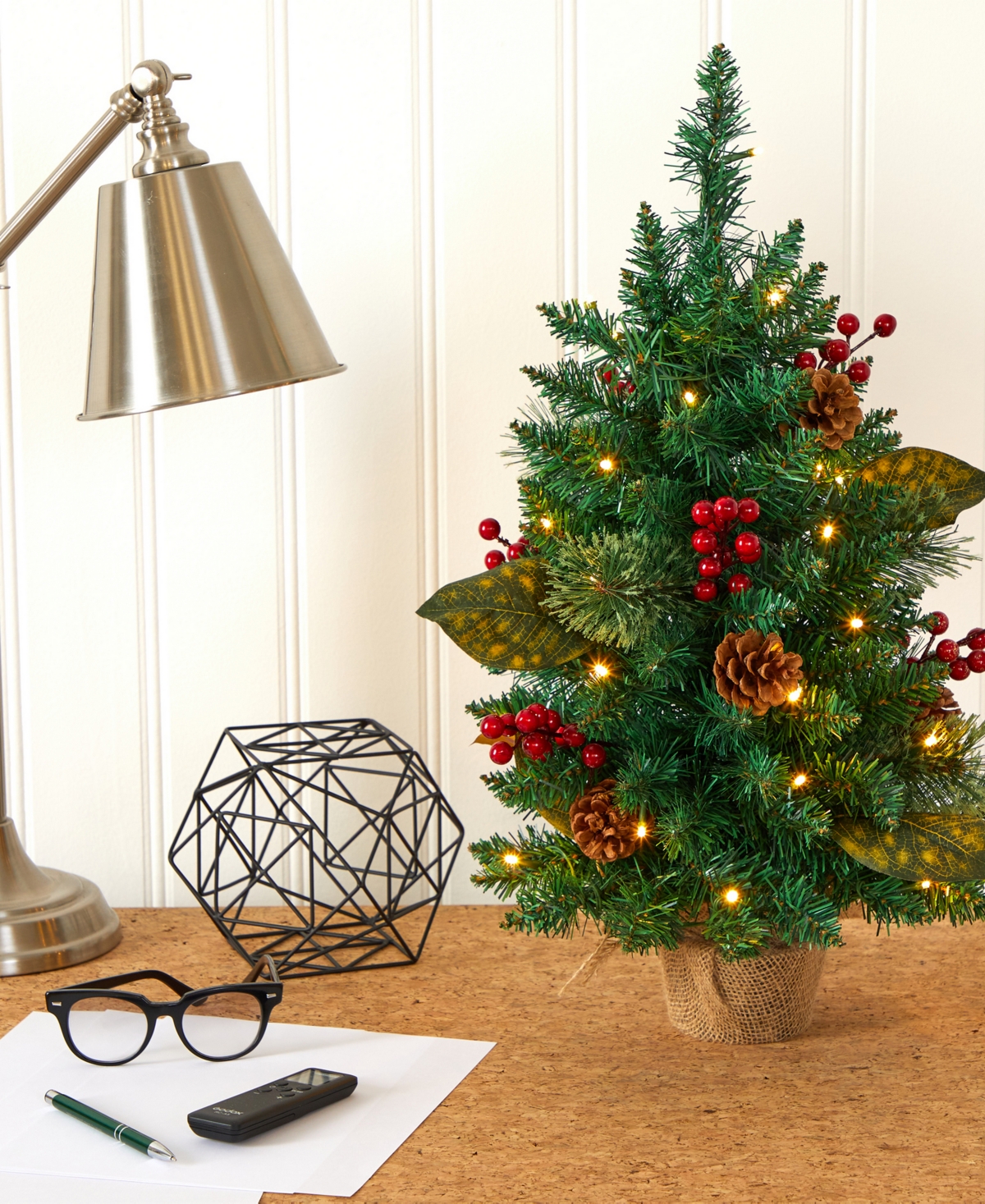 Pine, Pinecone and Berries Artificial Christmas Tree with Lights and Bendable Branches, 24"