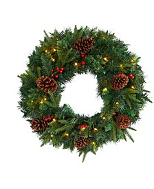 Mixed Pine Artificial Christmas Wreath with Lights and Berries, 24"