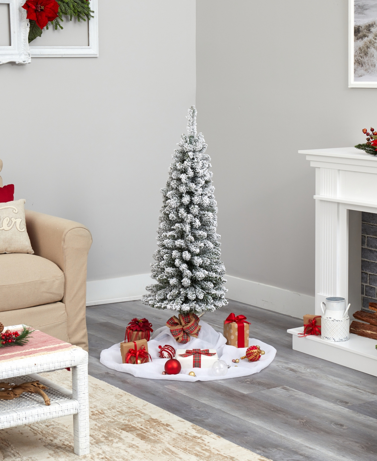 Flocked Pencil Artificial Christmas Tree with Lights and Bendable Branches,