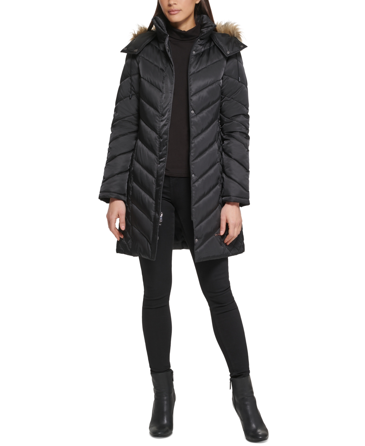 Women's Faux-Fur-Trim Hooded Puffer Coat - Black