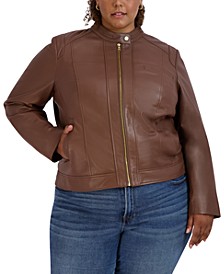 Women's Plus Size Stand-Collar Leather Moto Coat, Created for Macy's