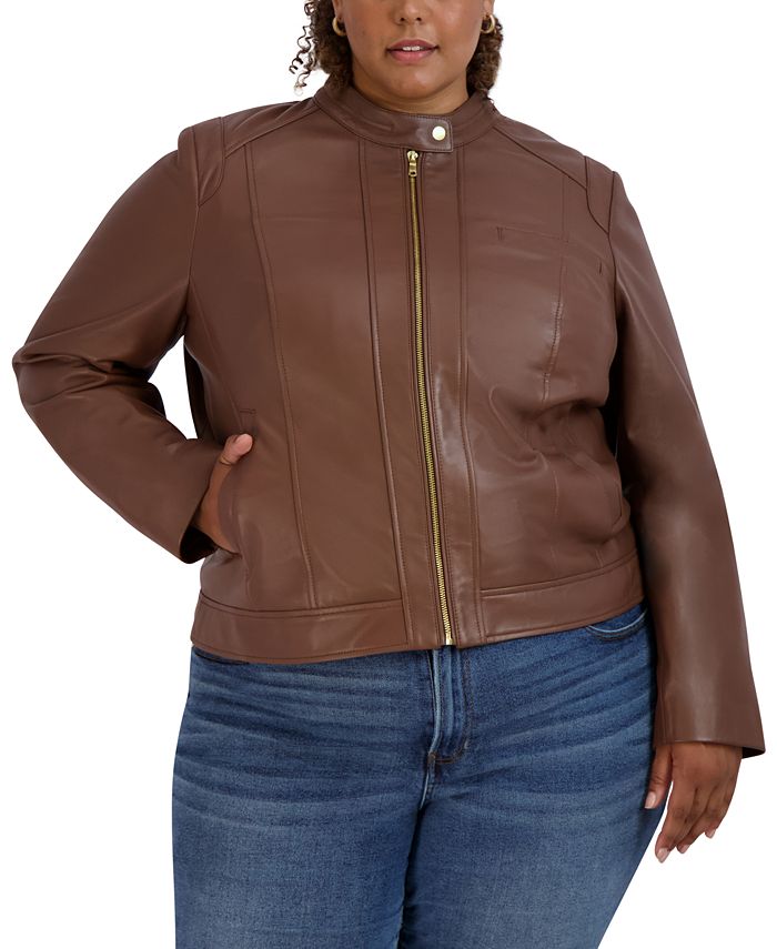 Cole Haan Women's Plus Size Stand-Collar Leather Coat, Created for Macy's - Macy's