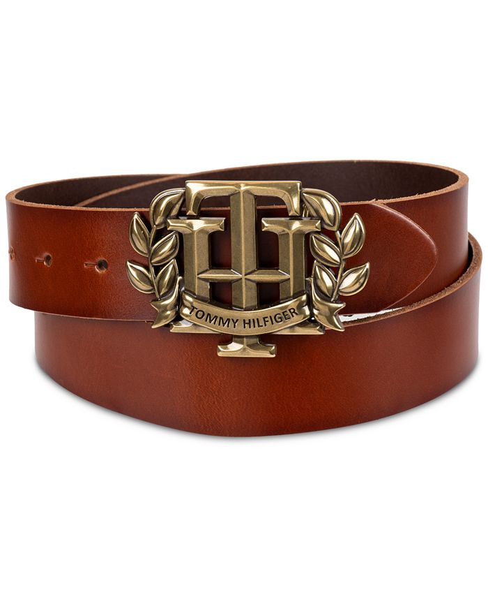 Tommy Hilfiger Men's Iconic Monogram Crest Plaque Buckle Leather Belt - Tan - Size L (38-40)