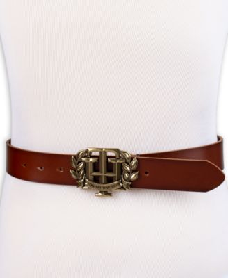 Men's Iconic Monogram Crest Plaque Buckle Leather Belt 