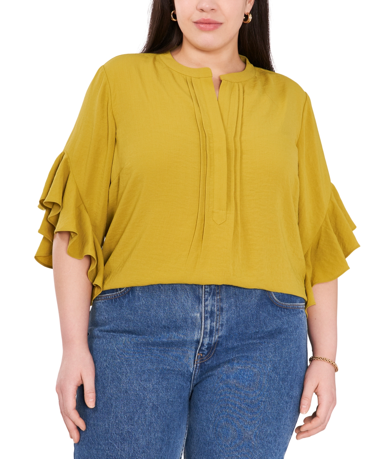 Vince Camuto Plus Size Ruffle Sleeve Henley Blouse In Avocado