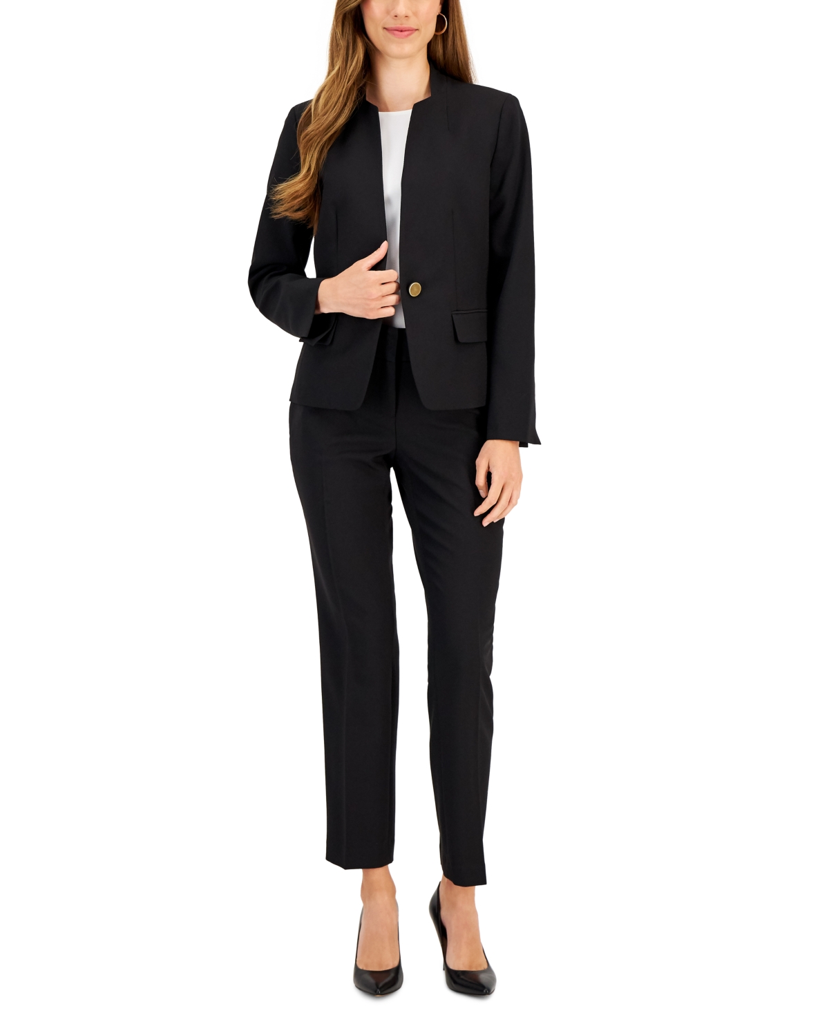 Single-Button Blazer and Slim-Fit Pantsuit, Regular and Petite Sizes - Black