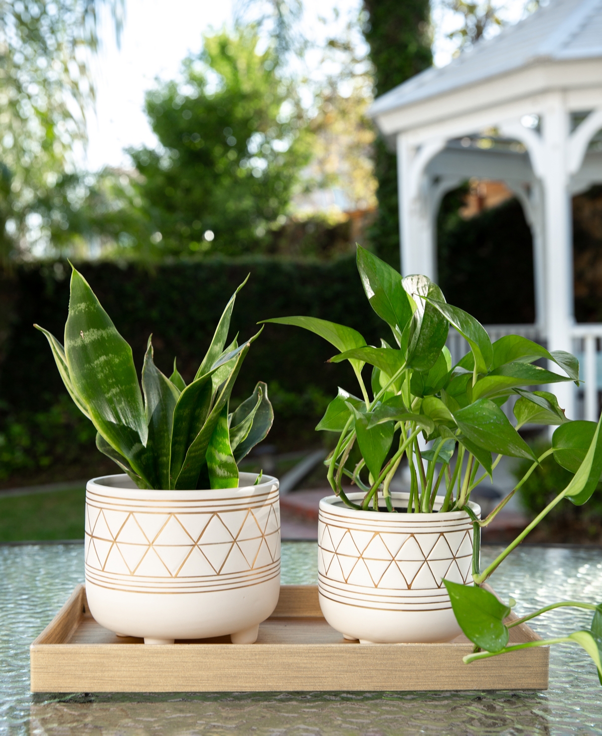 Flora Bunda Geo Ceramic Planter with Legs, Set of 2 - White and Gold-Tone