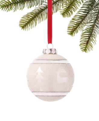 Holiday Lane - Northern Holiday Glass White Ball with Silver Deer & Tree Pattern Hanging Christmas Tree Ornament