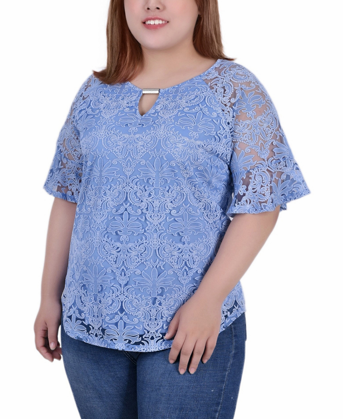 Plus Size Short Bell Sleeve Lace Blouse - Belair Blue Starthrone
