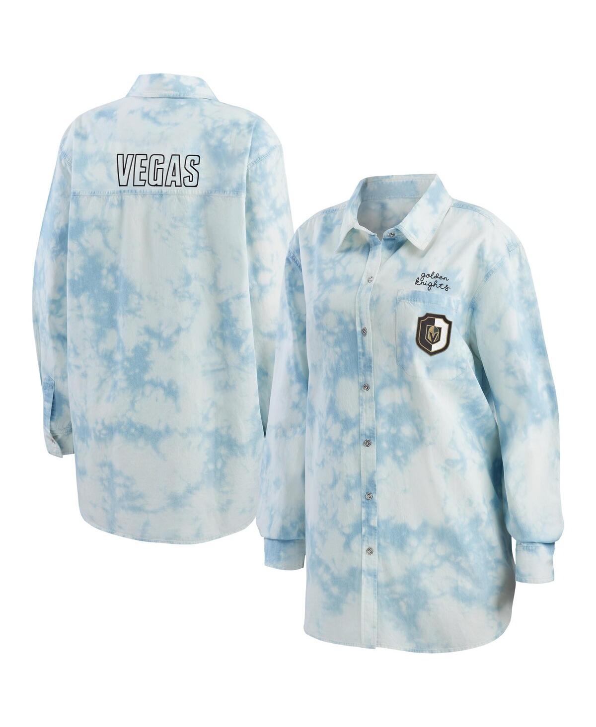 Shop Wear By Erin Andrews Women's  White Vegas Golden Knights Oversized Tie-dye Button-up Denim Shirt