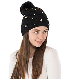 Women's Bead-Embellished Beanie with Faux Fur Pom Pom, Created for Macy's